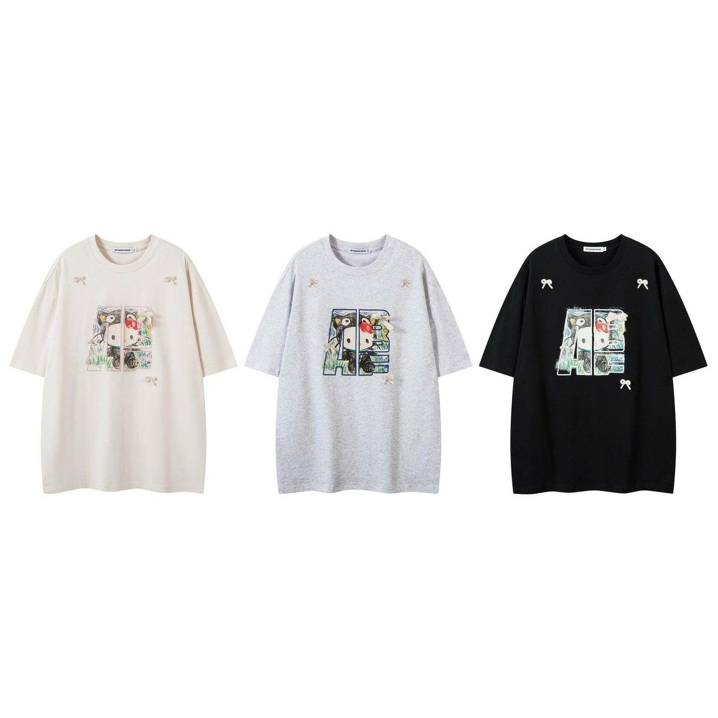 Hand-Painted Cartoon Cat Letter Print Short Sleeve T-Shirt Unisex Loose Casual Top best_seller.