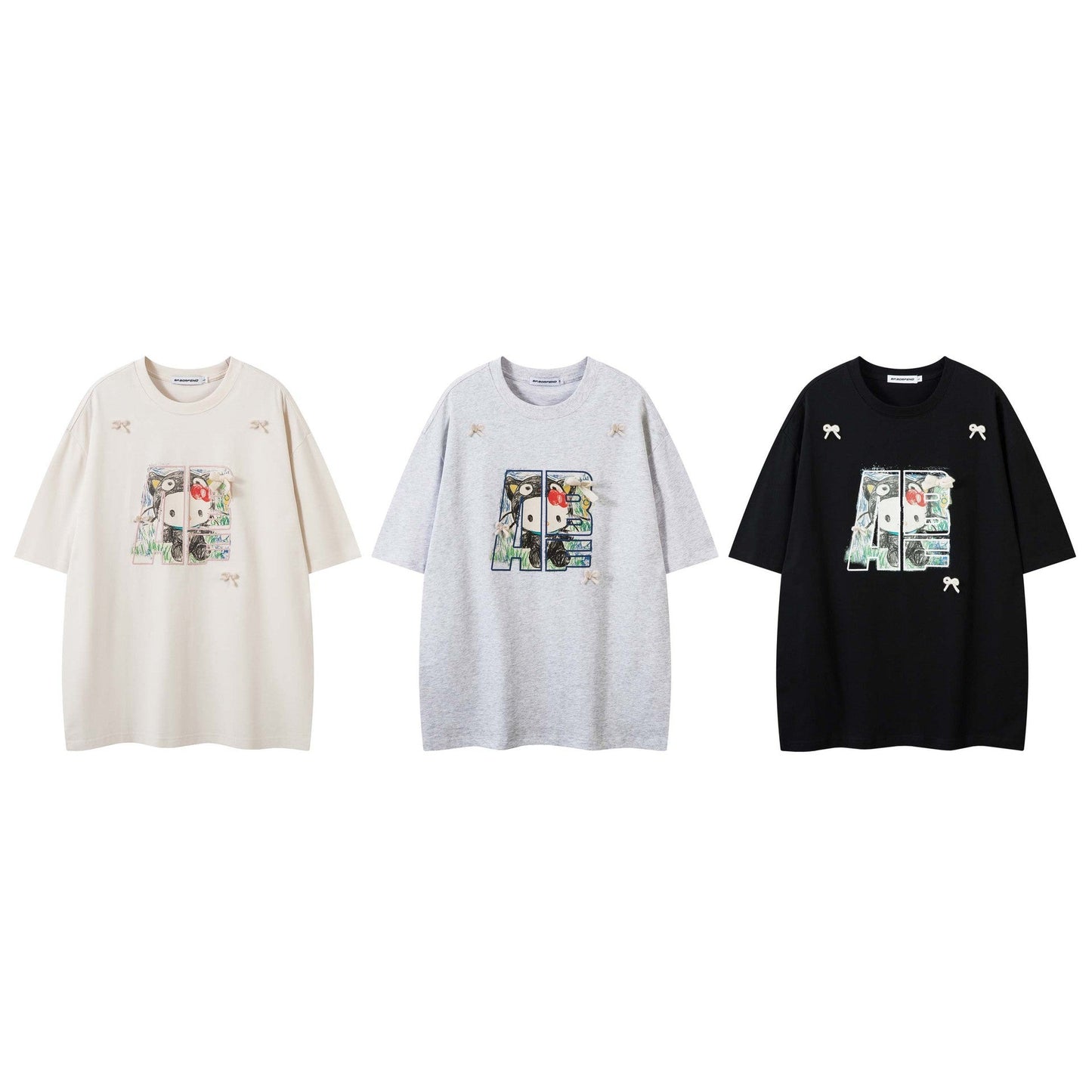 Hand-Painted Cartoon Cat Letter Print Short Sleeve T-Shirt Unisex Loose Casual Top.