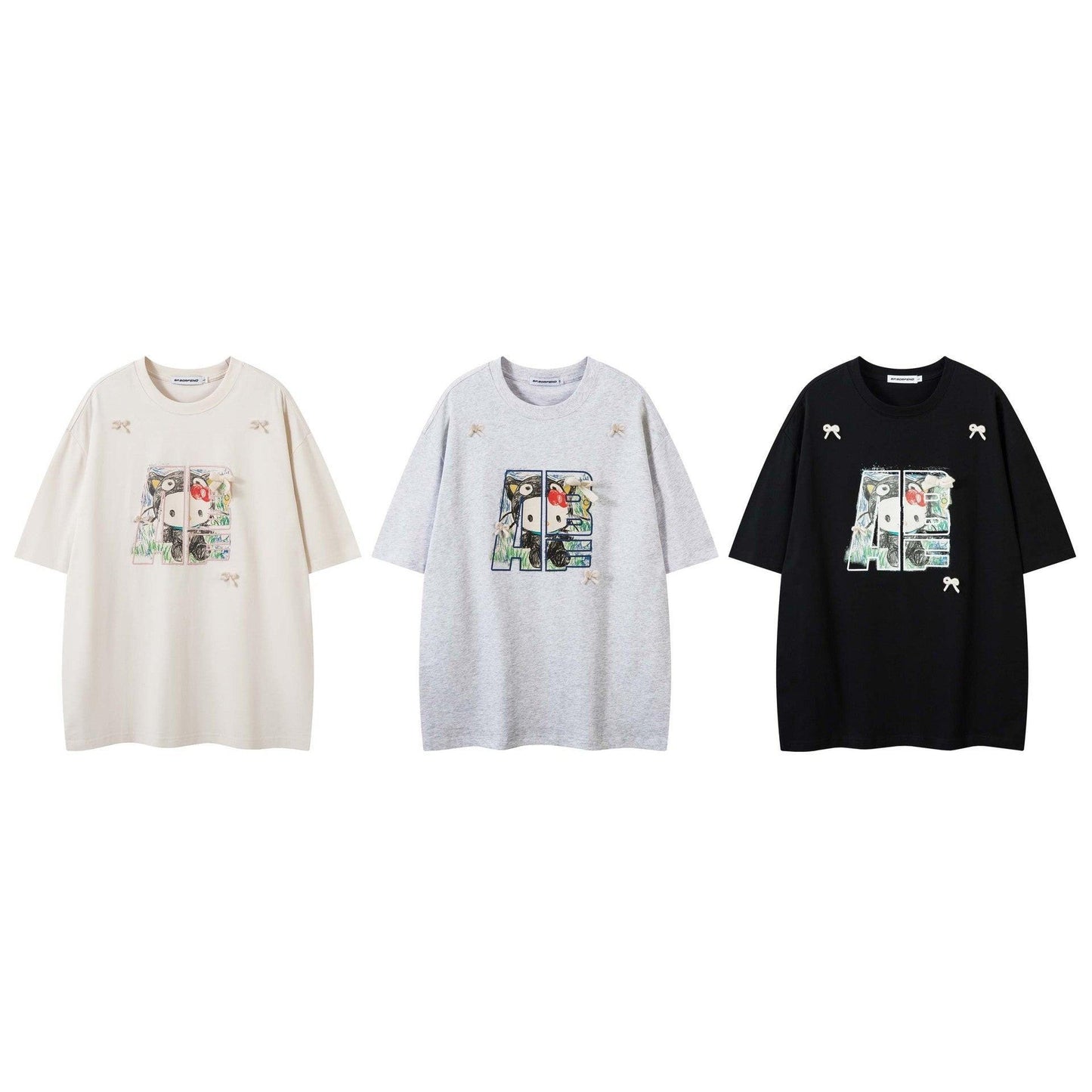 Hand-Painted Cartoon Cat Letter Print Short Sleeve T-Shirt Unisex Loose Casual Top.