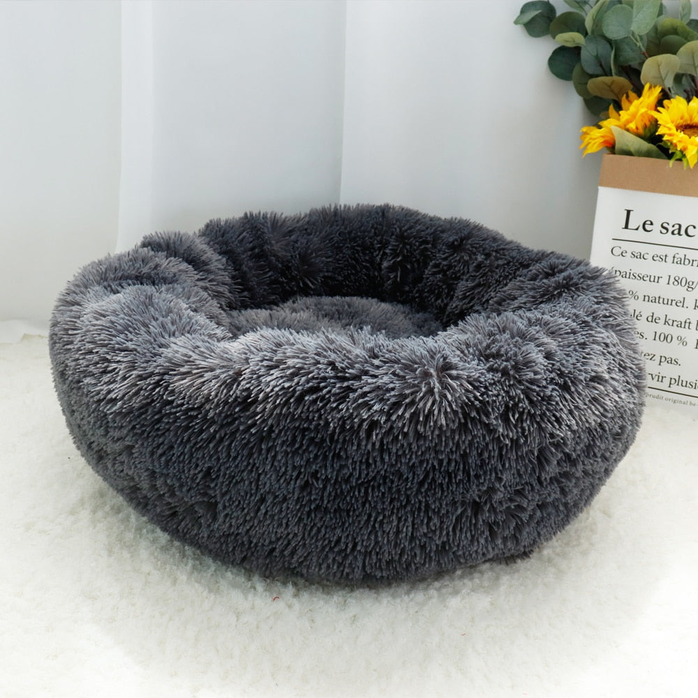 Fluffy Calming Dog Bed Long Plush Donut Pet Bed Hondenmand Round Orthopedic Lounger Sleeping Bag Kennel Cat Puppy Sofa Bed House.