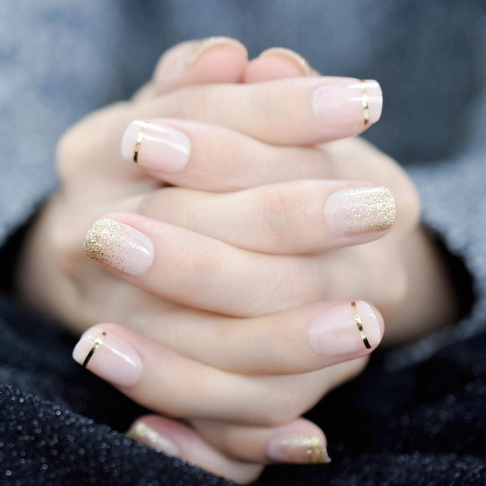 Gel Cover False Nails Gold Glitter Nude Ladi's Press On Fingernails Short With Adhesive Tabs Perfect For Daily