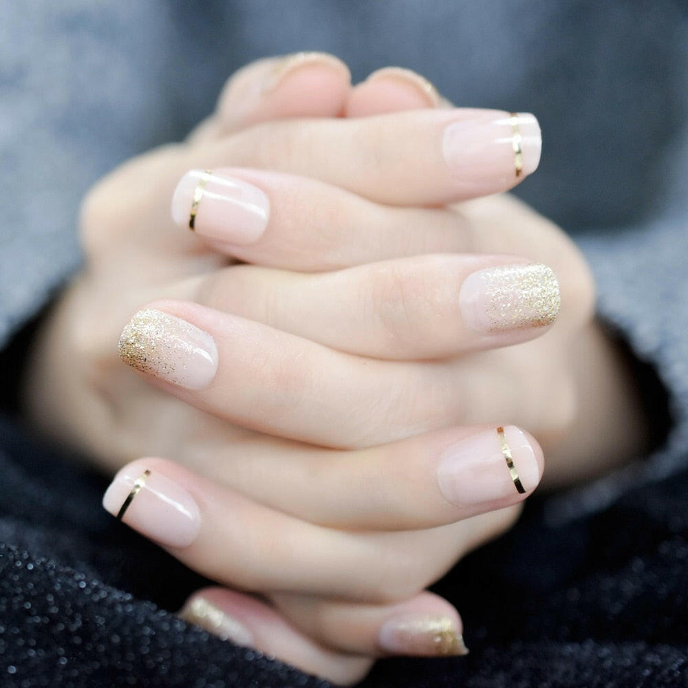 3333b Gel Cover False Nails Gold Glitter Nude Ladi's Press On Fingernails Short With Adhesive Tabs Perfect For Daily.