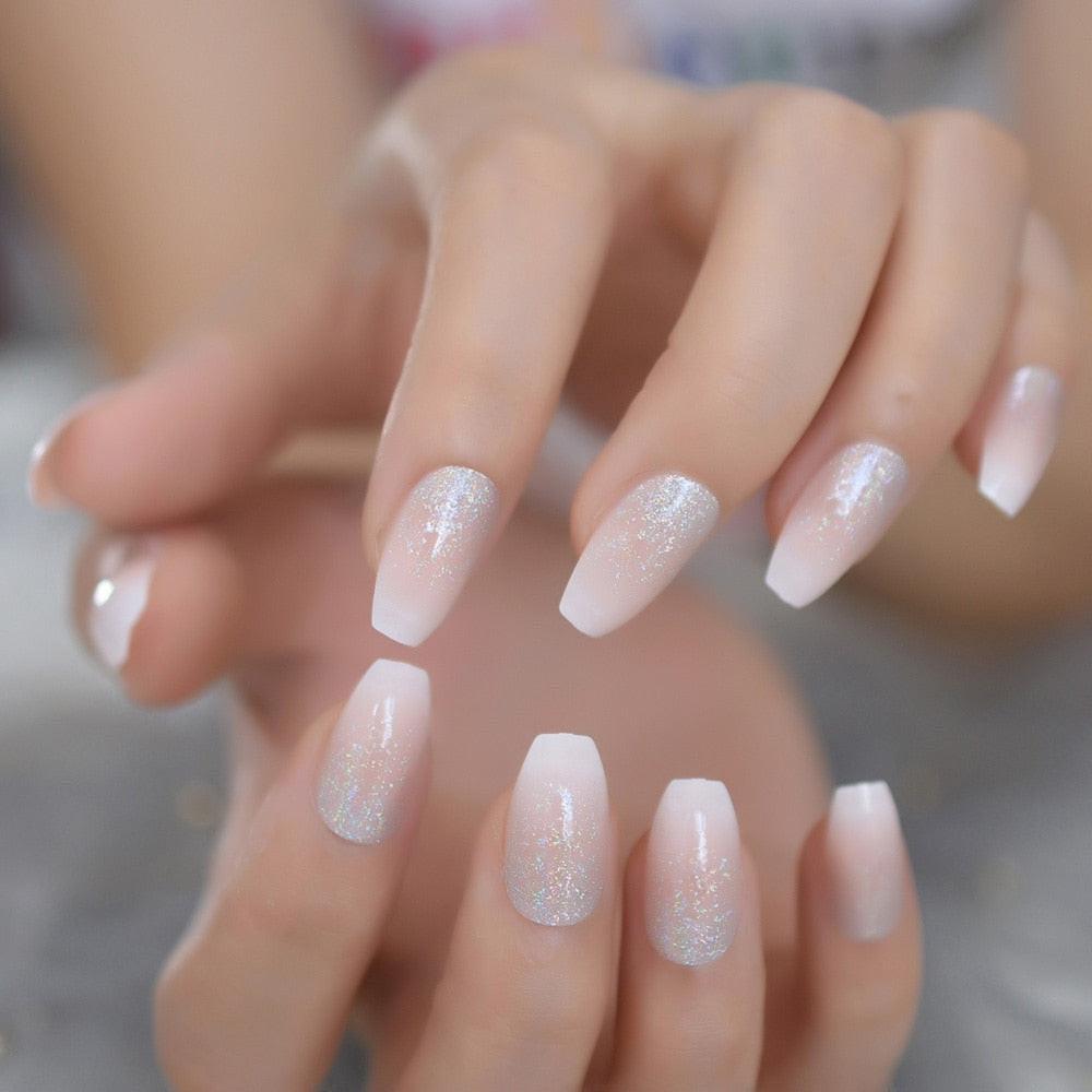 3333b Gel Cover False Nails Gold Glitter Nude Ladi's Press On Fingernails Short With Adhesive Tabs Perfect For Daily.