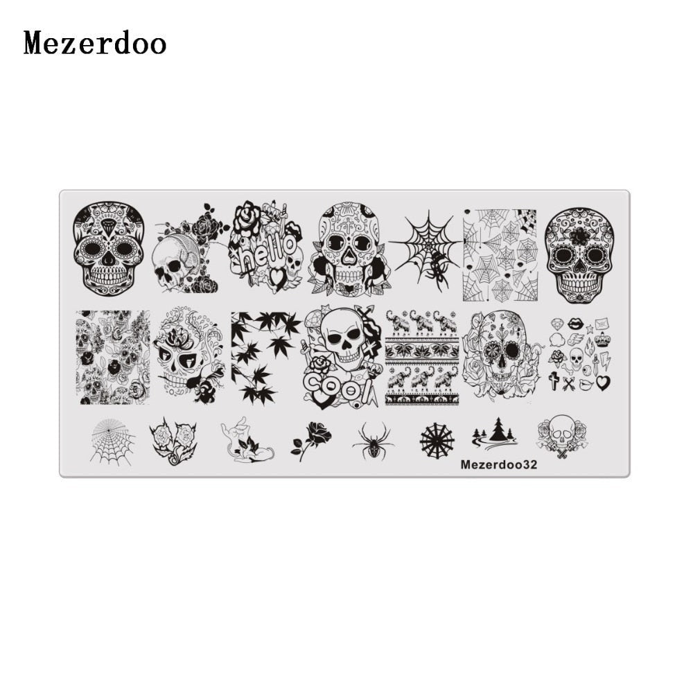 1Pcs Spider Web Nail Stamping Plate Skull Rose Pattern Rectangle Nail Art Stamp Stamping Template Image Plate Stencil Mezerdoo32.