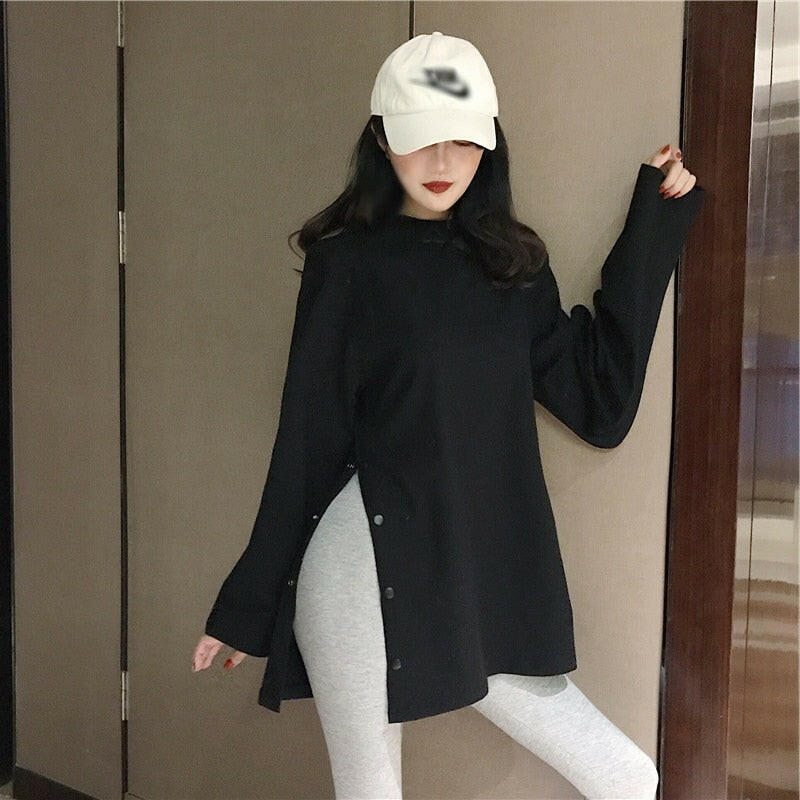 2022 spring Split Side Button White black Long Tshirt O-Neck Women shirts autumn Arrival Harajuku solid oversized T shirt tops.