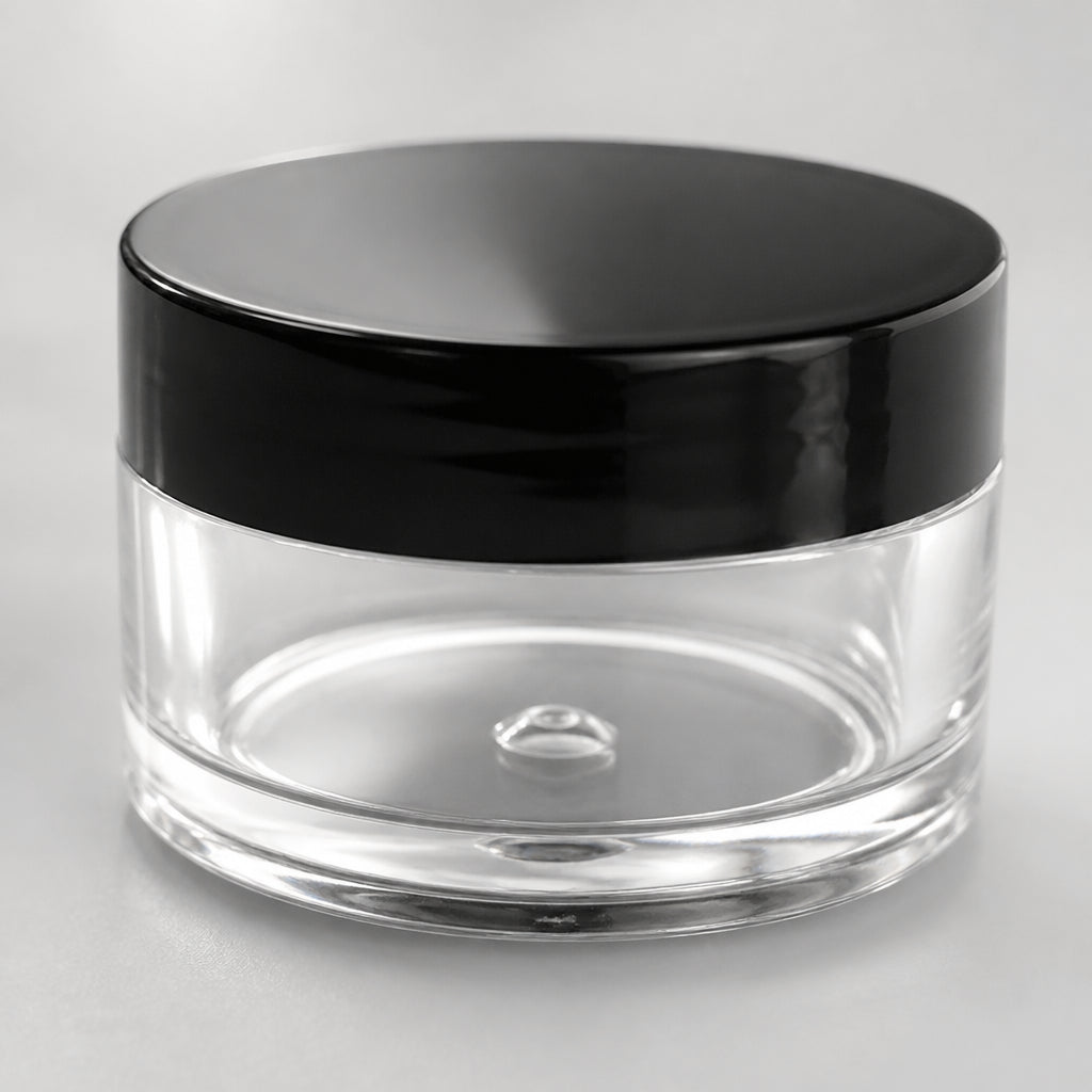 Set of 100 clear plastic cosmetic jars in various sizes for makeup, lotion, face cream, and sample gels from dev2-aff.