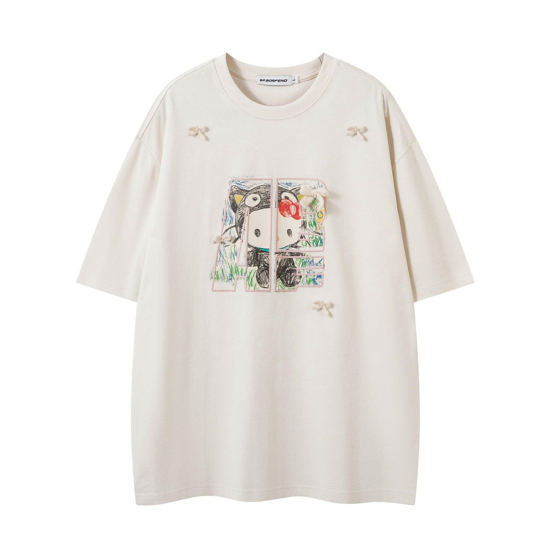 Hand-Painted Cartoon Cat Letter Print Short Sleeve T-Shirt Unisex Loose Casual Top.