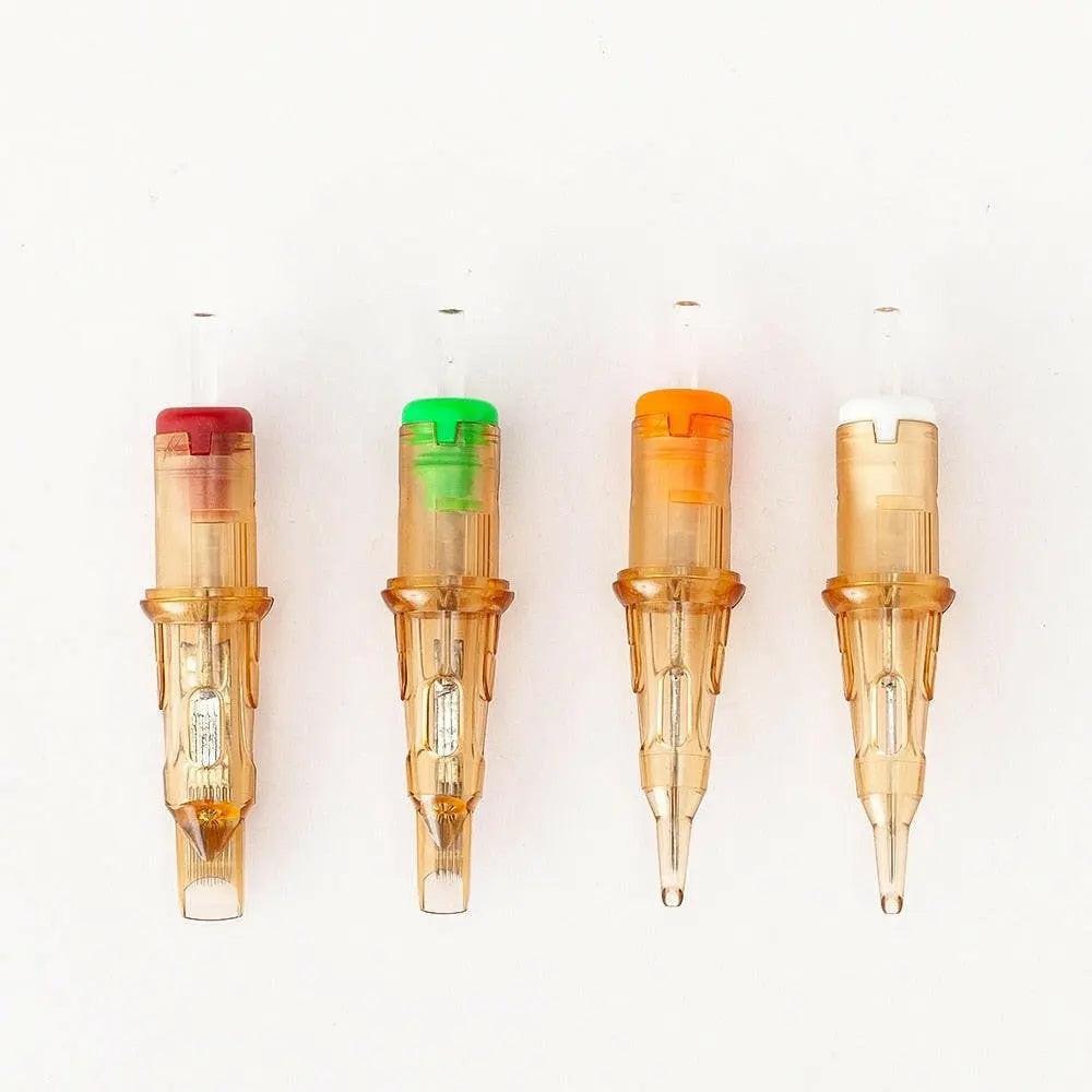 Set of 100 EZ V-Select cartridge tattoo needles with mixed sizes, including 2 tattoo grips, from dev2-aff tattoo supplies.