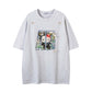 Hand-Painted Cartoon Cat Letter Print Short Sleeve T-Shirt Unisex Loose Casual Top.