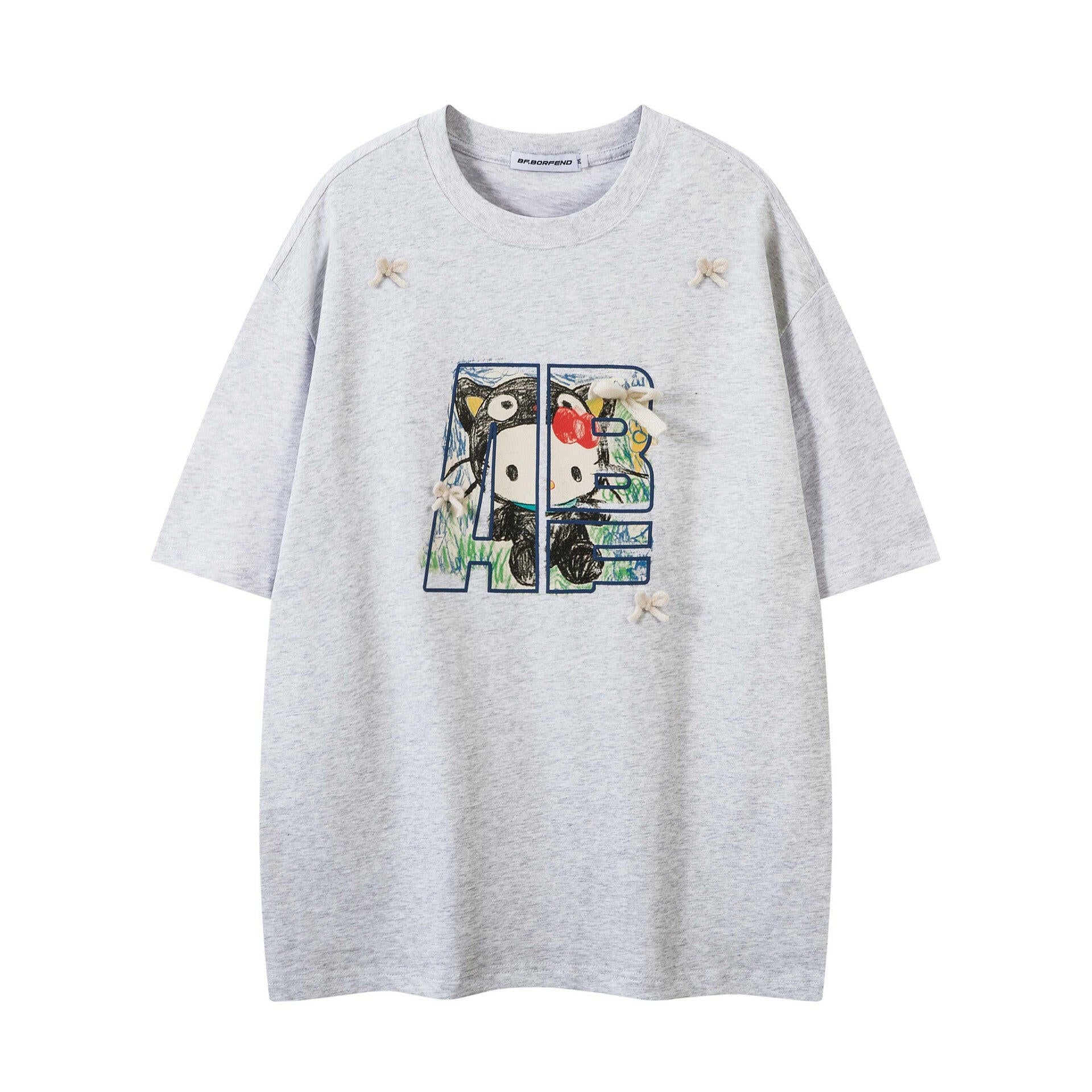 Hand - Painted Cartoon Cat Letter Print Short Sleeve T-Shirt Unisex Loose Casual Top - dev2 - aff