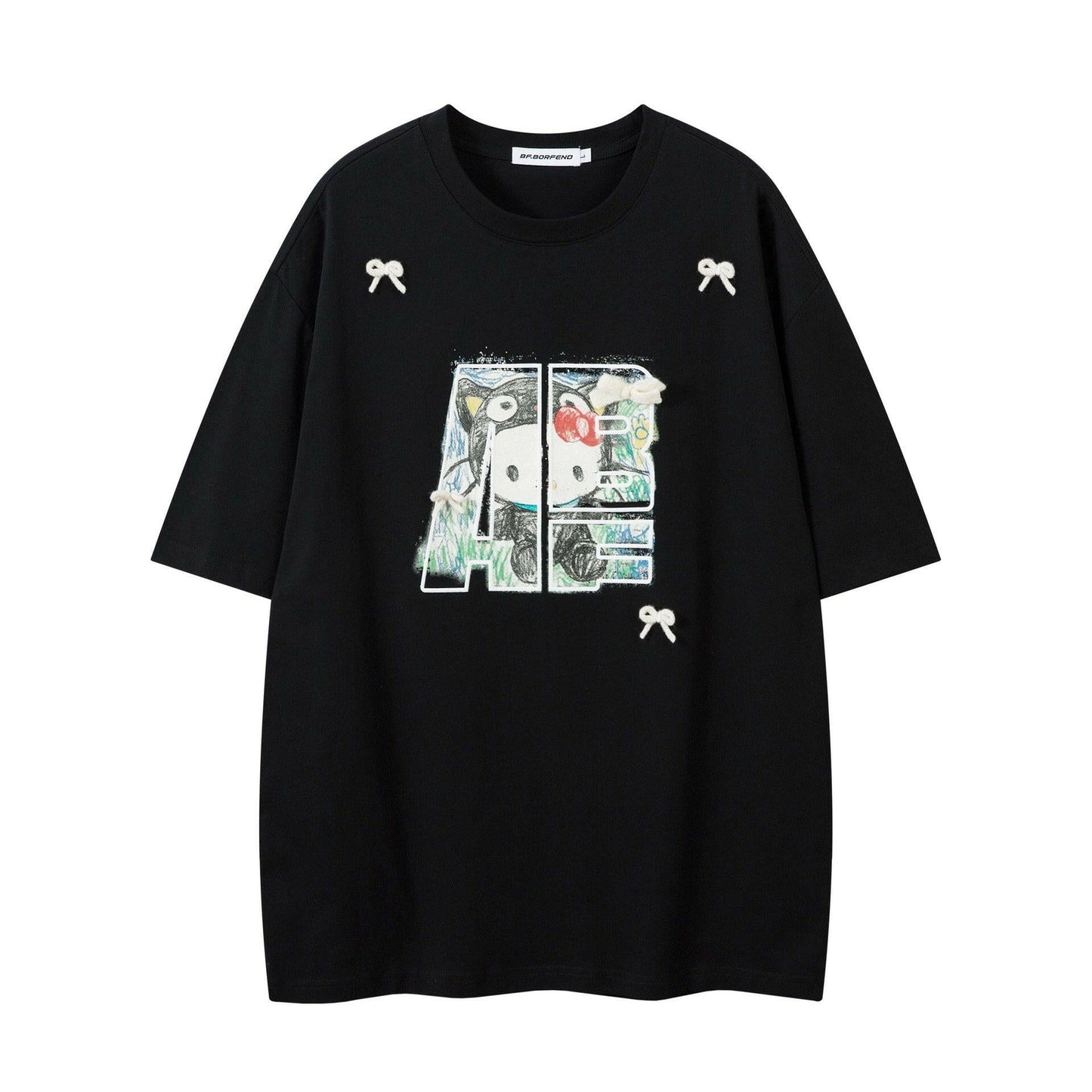 Hand - Painted Cartoon Cat Letter Print Short Sleeve T-Shirt Unisex Loose Casual Top - dev2 - aff