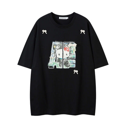 Hand-Painted Cartoon Cat Letter Print Short Sleeve T-Shirt Unisex Loose Casual Top.