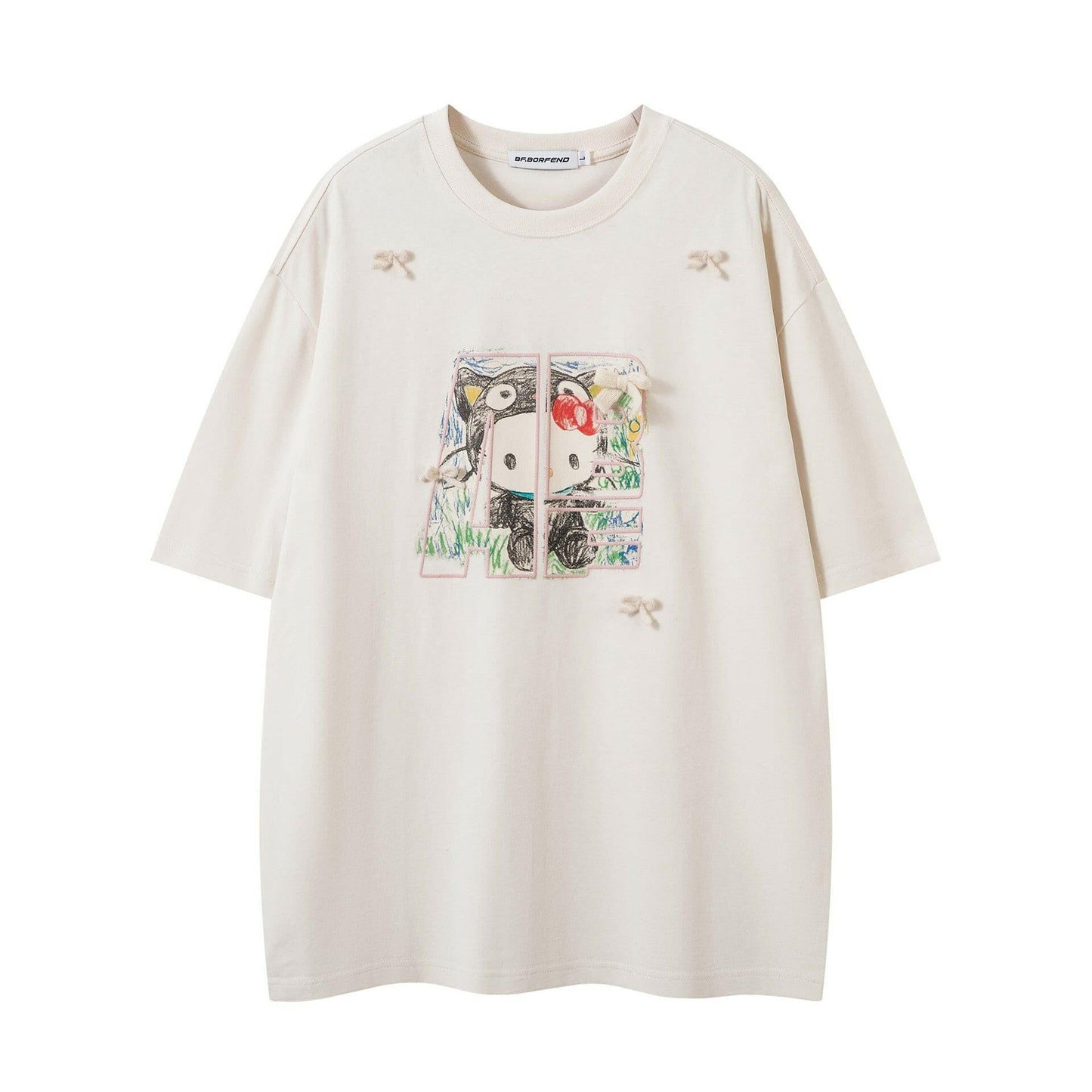 Hand - Painted Cartoon Cat Letter Print Short Sleeve T-Shirt Unisex Loose Casual Top - dev2 - aff