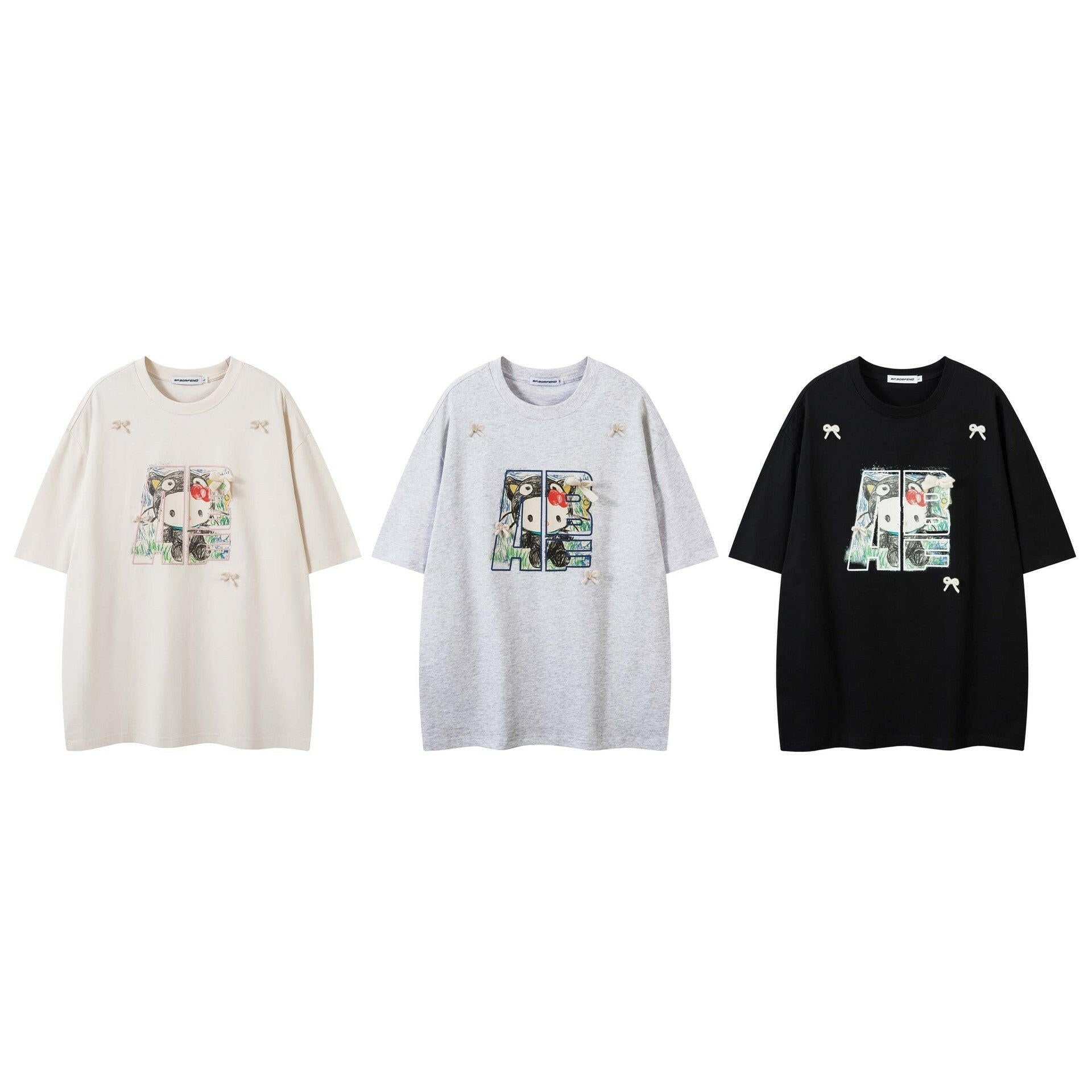 Hand - Painted Cartoon Cat Letter Print Short Sleeve T-Shirt Unisex Loose Casual Top - dev2 - aff