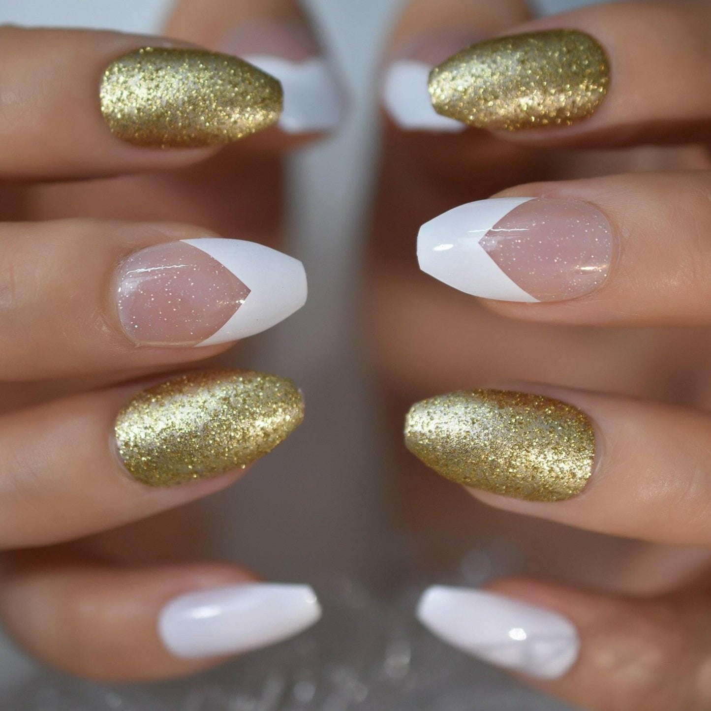 wtf Gel Cover False Nails Gold Glitter Nude Ladi&#39;s Press On Fingernails Short With Adhesive Tabs Perfect For Daily.