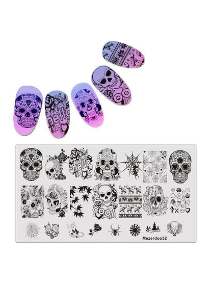 wtf 1Pcs Spider Web Nail Stamping Plate Skull Rose Pattern Rectangle Nail Art Stamp Stamping Template Image Plate Stencil Mezerdoo32.