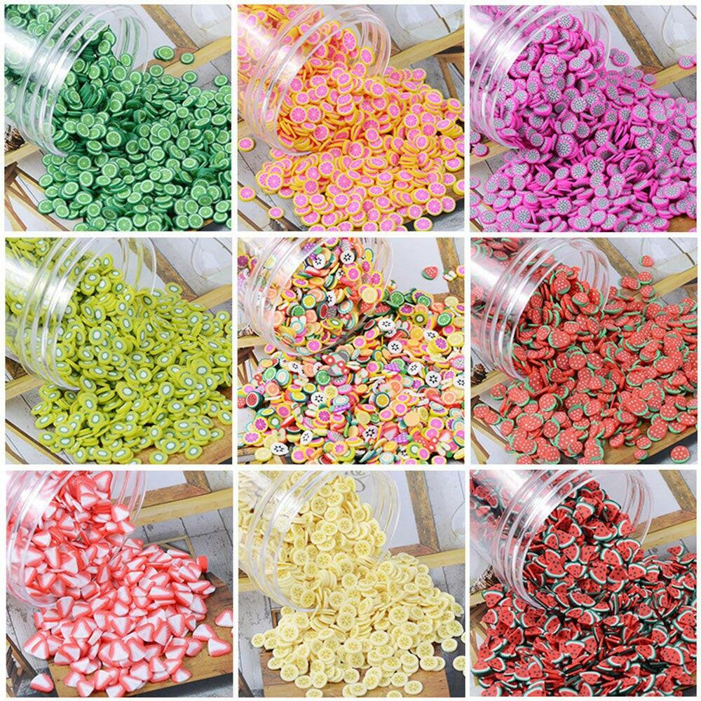 wtf 1000pcs/bag Polymer Clay Fruit Slices 5mm Diameter DIY Nail Art Decorations Sticker Mixed 23 Type Designs Tools Fruit Slice JK06.