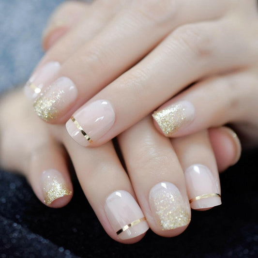 wtf Gel Cover False Nails Gold Glitter Nude Ladi&#39;s Press On Fingernails Short With Adhesive Tabs Perfect For Daily.