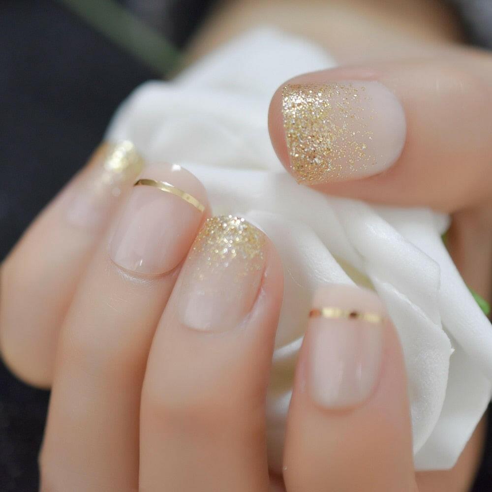 2222 Gel Cover False Nails Gold Glitter Nude Ladi&#39;s Press On Fingernails Short With Adhesive Tabs Perfect For Daily.