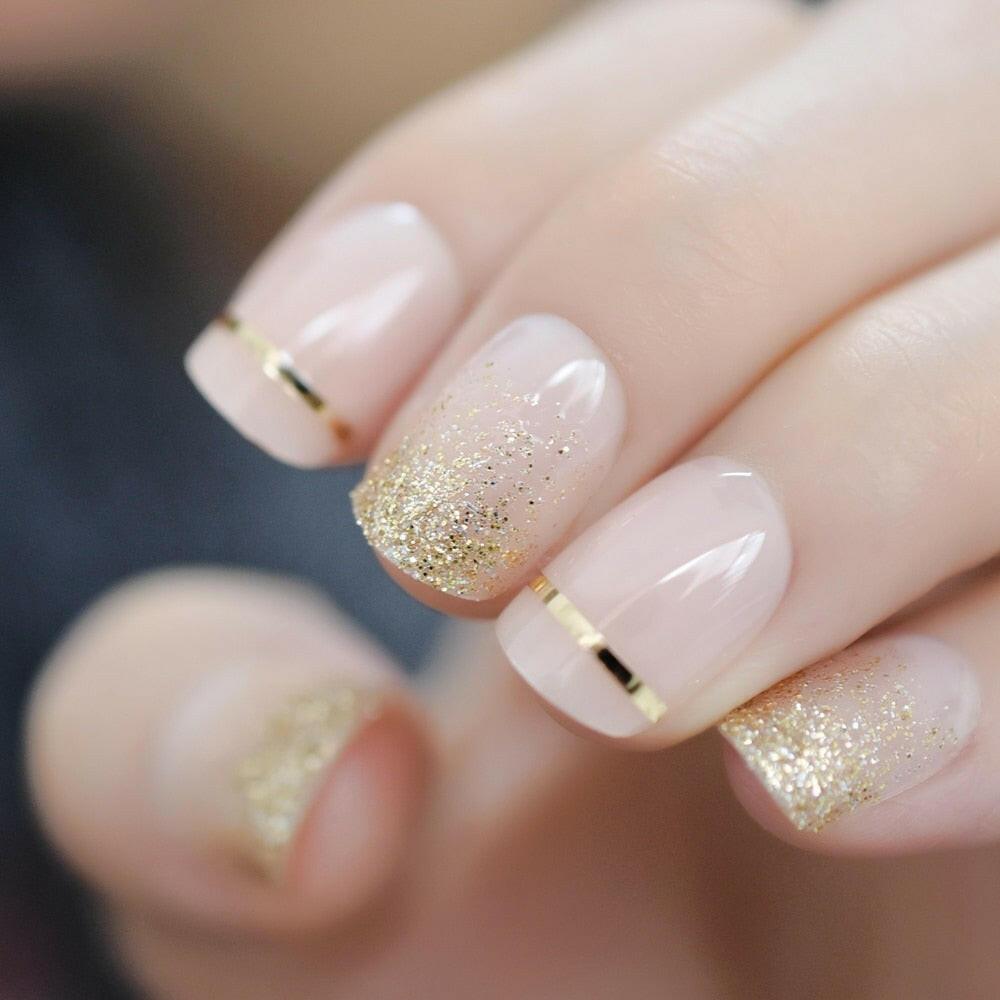 2222 Gel Cover False Nails Gold Glitter Nude Ladi&#39;s Press On Fingernails Short With Adhesive Tabs Perfect For Daily.