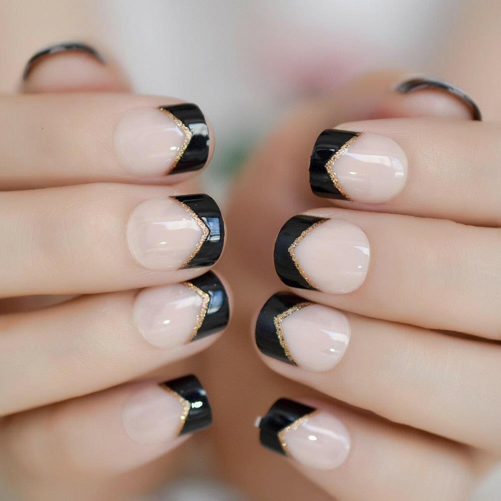 2222 Gel Cover False Nails Gold Glitter Nude Ladi&#39;s Press On Fingernails Short With Adhesive Tabs Perfect For Daily.