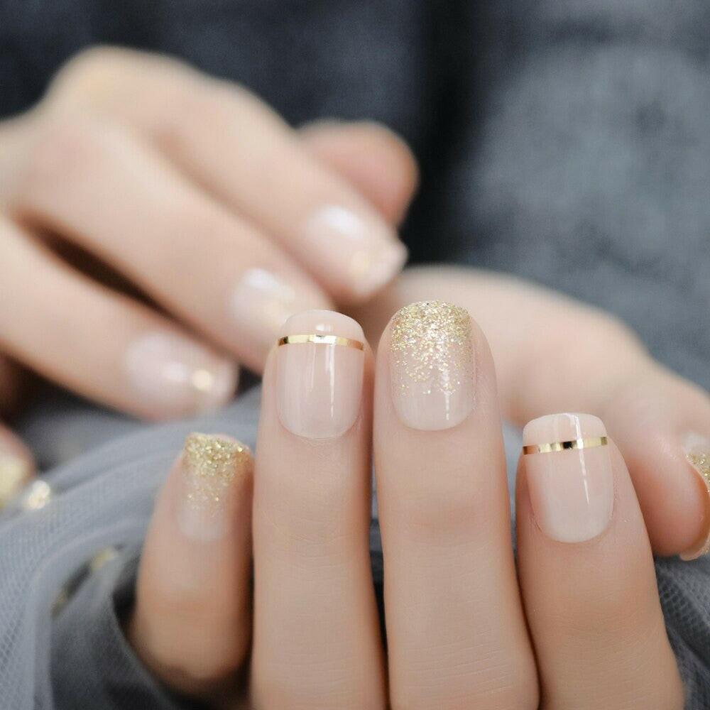 2222 Gel Cover False Nails Gold Glitter Nude Ladi&#39;s Press On Fingernails Short With Adhesive Tabs Perfect For Daily.