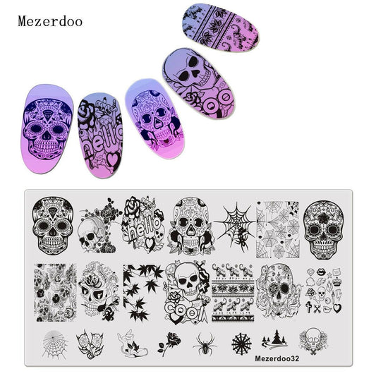 wtf 1Pcs Spider Web Nail Stamping Plate Skull Rose Pattern Rectangle Nail Art Stamp Stamping Template Image Plate Stencil Mezerdoo32.