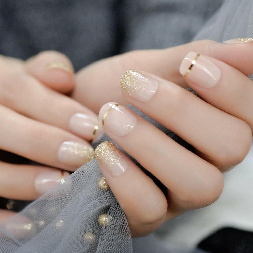 2222 Gel Cover False Nails Gold Glitter Nude Ladi&#39;s Press On Fingernails Short With Adhesive Tabs Perfect For Daily.