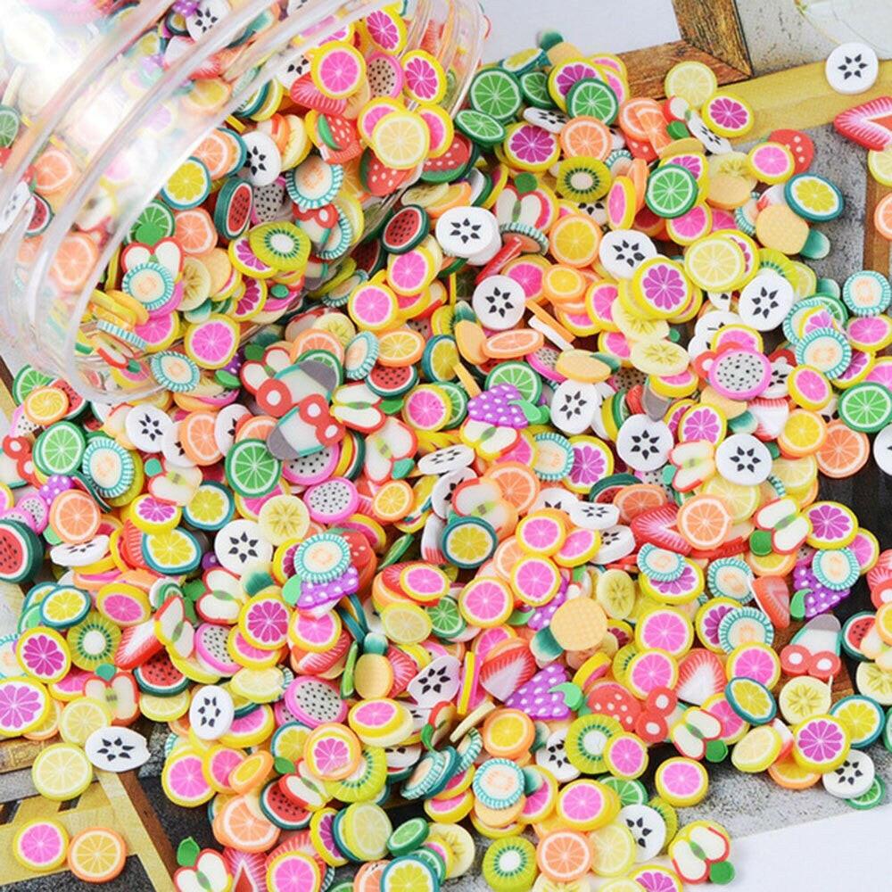 wtf 1000pcs/bag Polymer Clay Fruit Slices 5mm Diameter DIY Nail Art Decorations Sticker Mixed 23 Type Designs Tools Fruit Slice JK06.