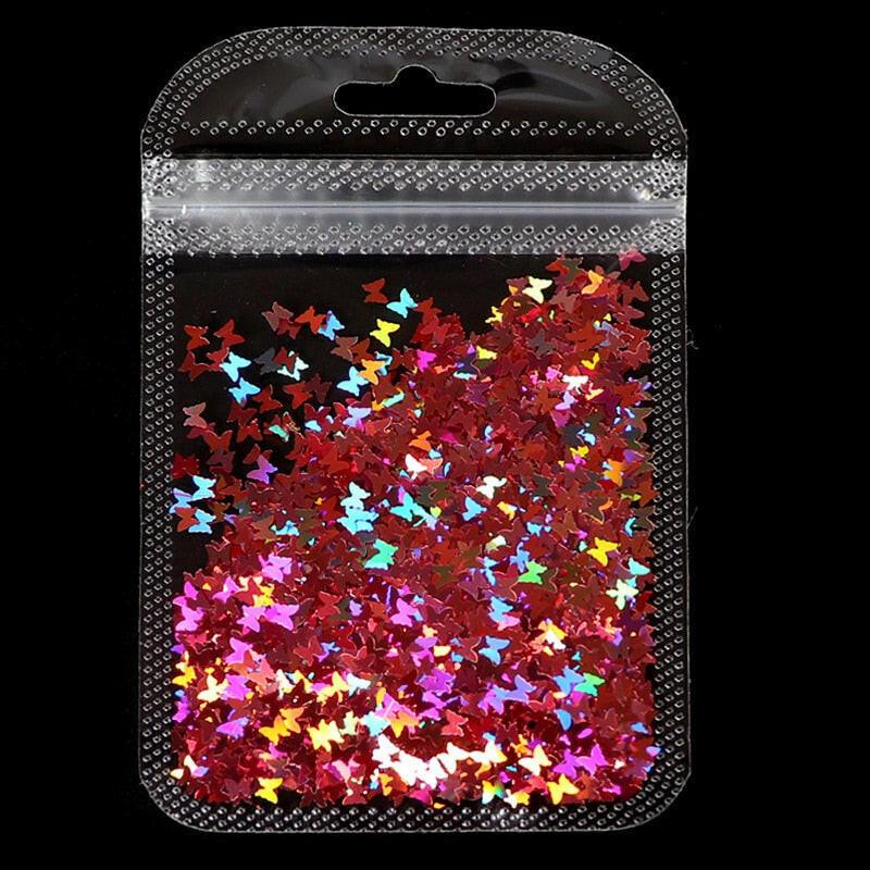 2222 Holographic Red Butterfly Nail Art Glitter Sequins 3D Laser Sheet Manicure Charm Parts For Nail Design Decoration Accessories.