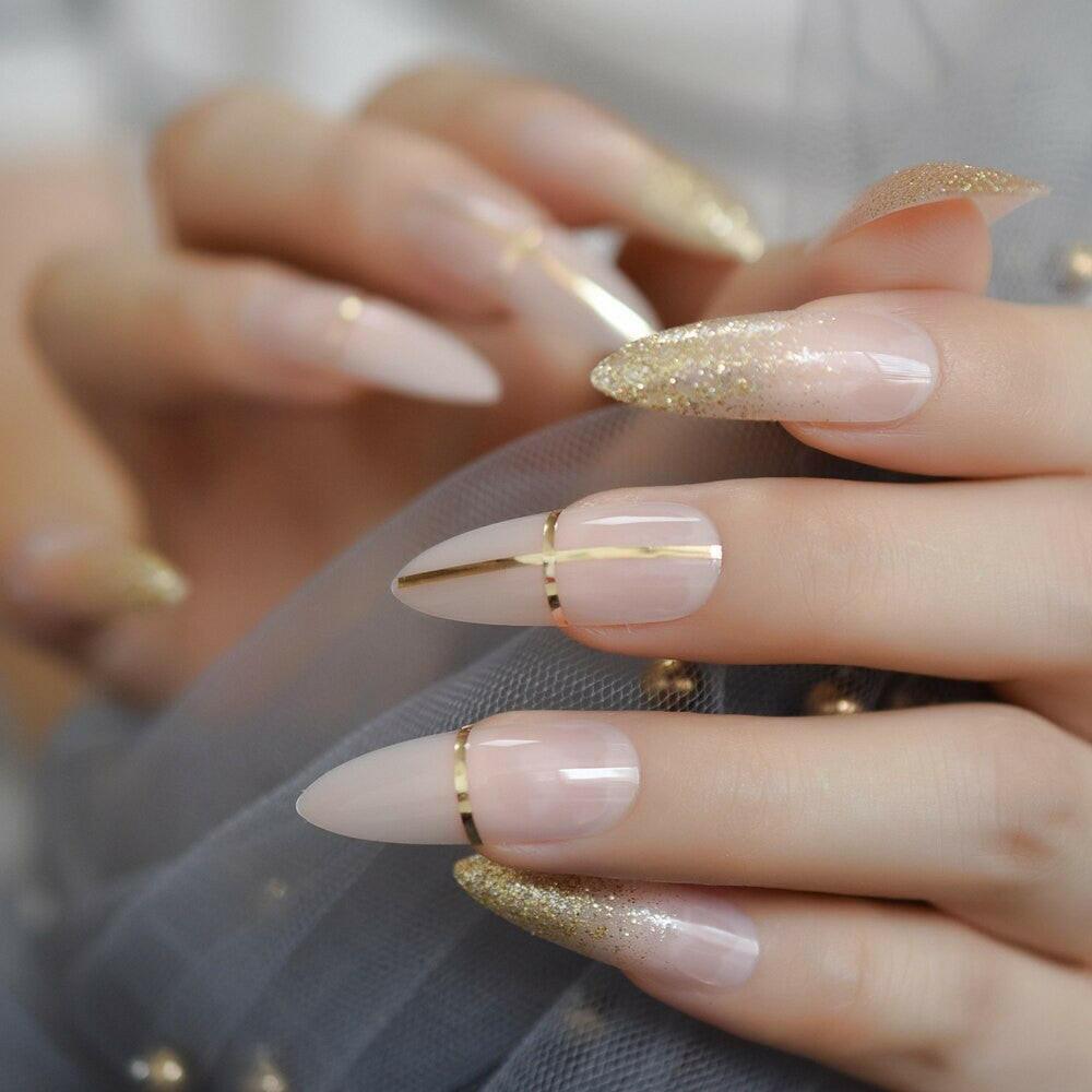 wtf Gel Cover False Nails Gold Glitter Nude Ladi&#39;s Press On Fingernails Short With Adhesive Tabs Perfect For Daily.