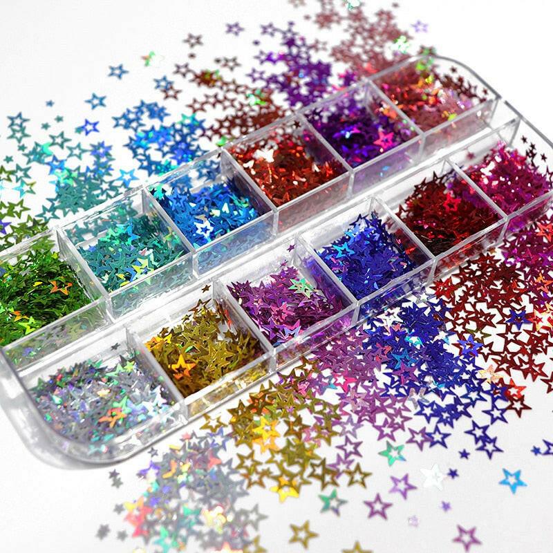 3333b 12 Grids Starry Manicure Design Decoration Holographic Star Nail Art Glitter Sequins for UV Gel Polish Nail Supplies Accessories.