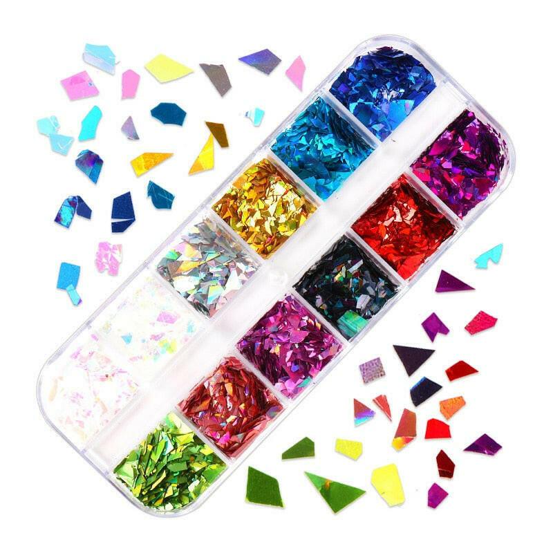 3333b 12 Grids Starry Manicure Design Decoration Holographic Star Nail Art Glitter Sequins for UV Gel Polish Nail Supplies Accessories.