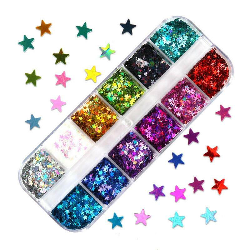 wtf 12 Grids Starry Manicure Design Decoration Holographic Star Nail Art Glitter Sequins for UV Gel Polish Nail Supplies Accessories.