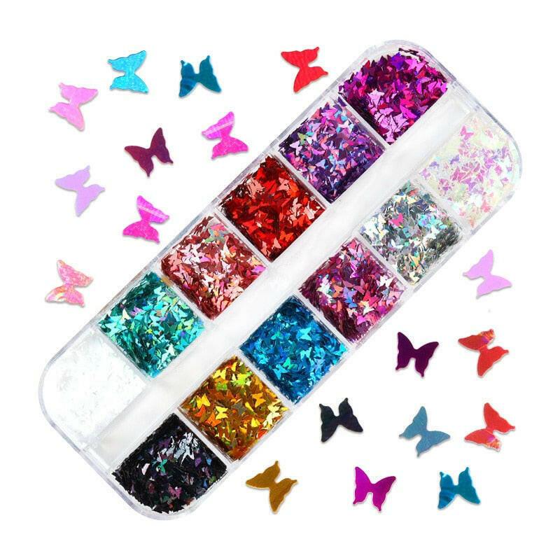 3333b 12 Grids Starry Manicure Design Decoration Holographic Star Nail Art Glitter Sequins for UV Gel Polish Nail Supplies Accessories.