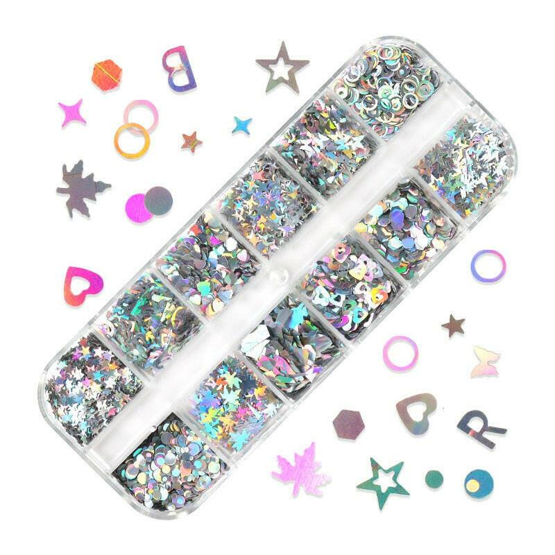 wtf 12 Grids Starry Manicure Design Decoration Holographic Star Nail Art Glitter Sequins for UV Gel Polish Nail Supplies Accessories.