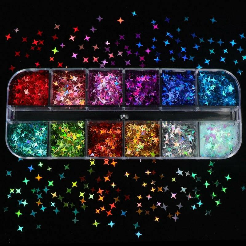 3333b 12 Grids Starry Manicure Design Decoration Holographic Star Nail Art Glitter Sequins for UV Gel Polish Nail Supplies Accessories.