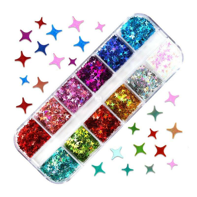 3333b 12 Grids Starry Manicure Design Decoration Holographic Star Nail Art Glitter Sequins for UV Gel Polish Nail Supplies Accessories.