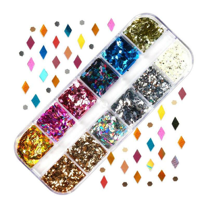 3333b 12 Grids Starry Manicure Design Decoration Holographic Star Nail Art Glitter Sequins for UV Gel Polish Nail Supplies Accessories.