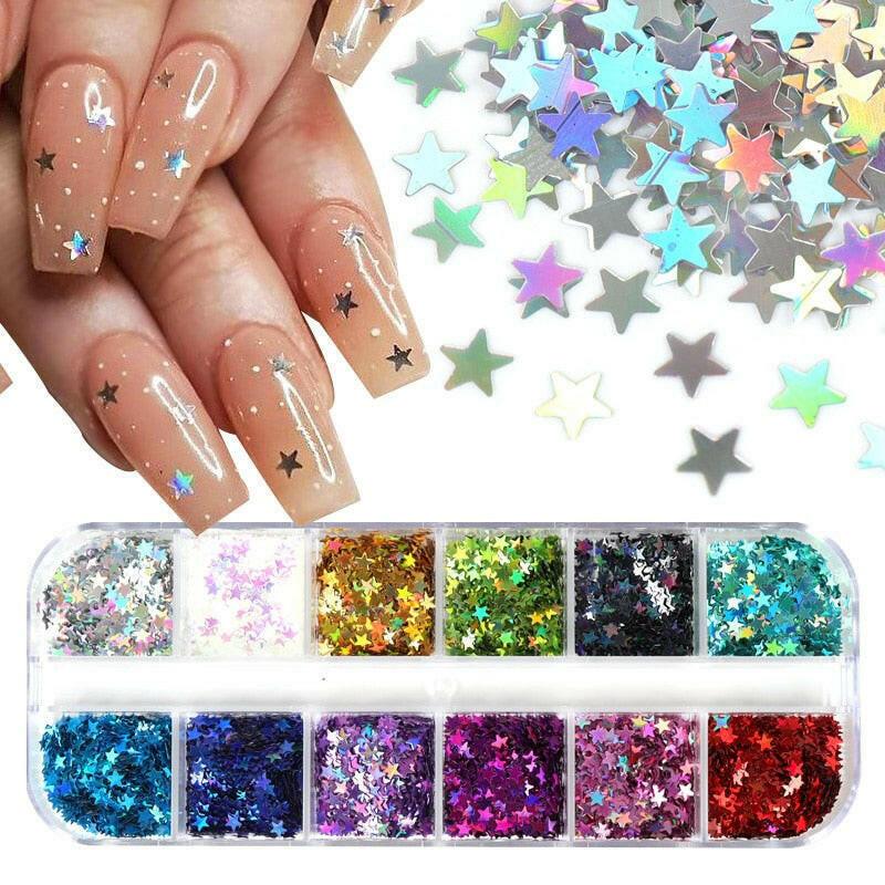 wtf 12 Grids Starry Manicure Design Decoration Holographic Star Nail Art Glitter Sequins for UV Gel Polish Nail Supplies Accessories.