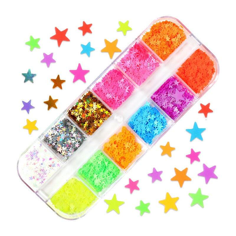 3333b 12 Grids Starry Manicure Design Decoration Holographic Star Nail Art Glitter Sequins for UV Gel Polish Nail Supplies Accessories.