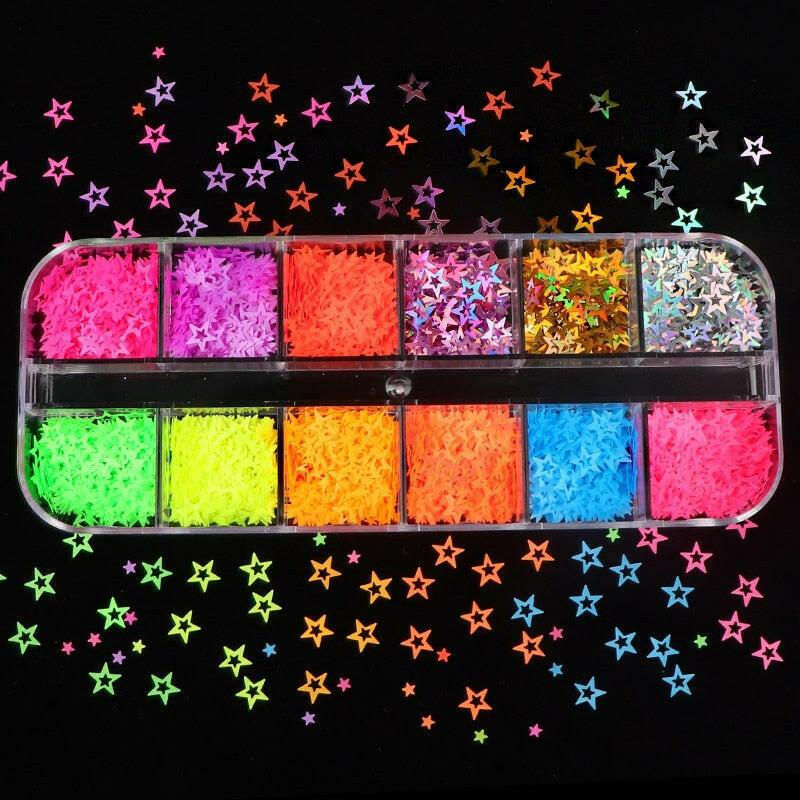 3333b 12 Grids Starry Manicure Design Decoration Holographic Star Nail Art Glitter Sequins for UV Gel Polish Nail Supplies Accessories.