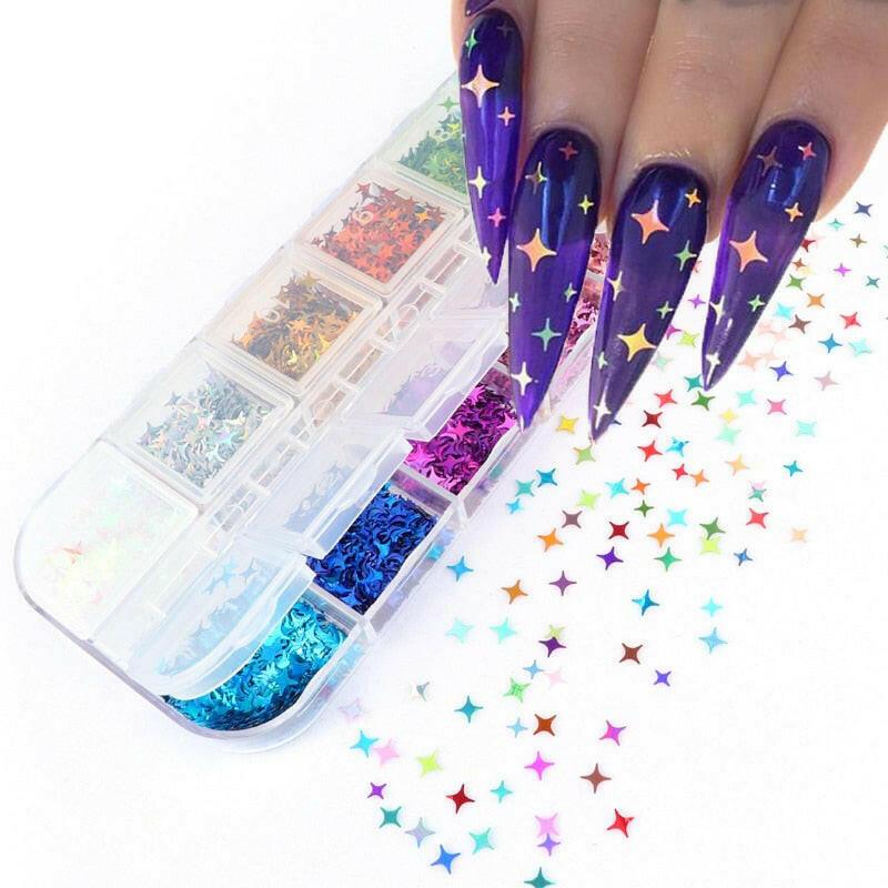 wtf 12 Grids Starry Manicure Design Decoration Holographic Star Nail Art Glitter Sequins for UV Gel Polish Nail Supplies Accessories.