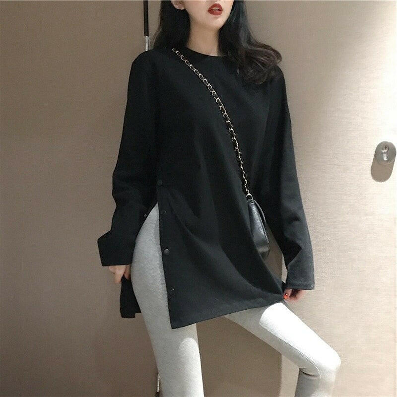 wtf 2022 spring Split Side Button White black Long Tshirt O-Neck Women shirts autumn Arrival Harajuku solid oversized T shirt tops.