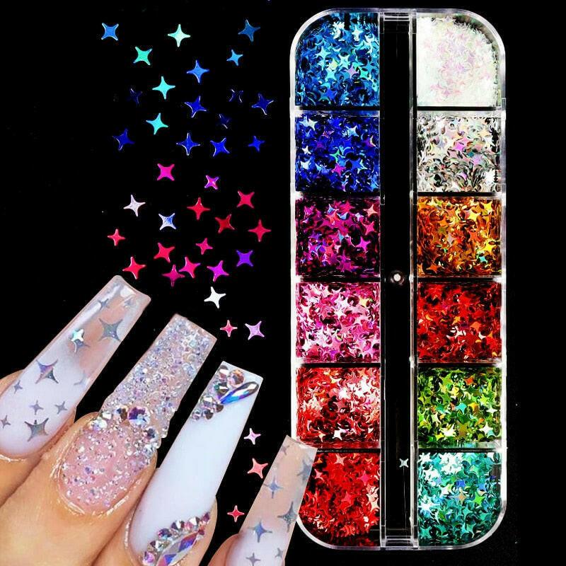 3333b 12 Grids Starry Manicure Design Decoration Holographic Star Nail Art Glitter Sequins for UV Gel Polish Nail Supplies Accessories.