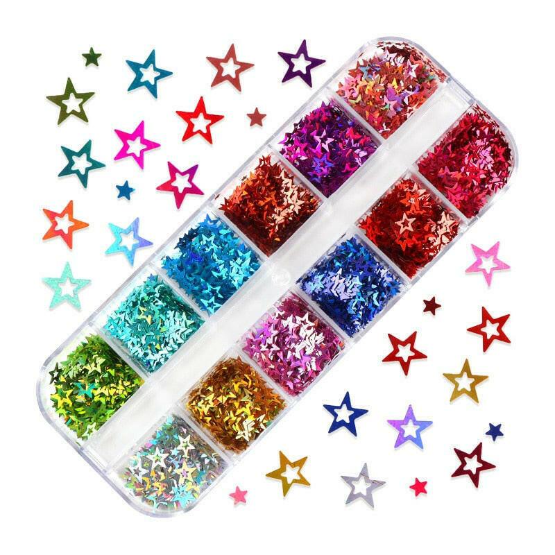 3333b 12 Grids Starry Manicure Design Decoration Holographic Star Nail Art Glitter Sequins for UV Gel Polish Nail Supplies Accessories.