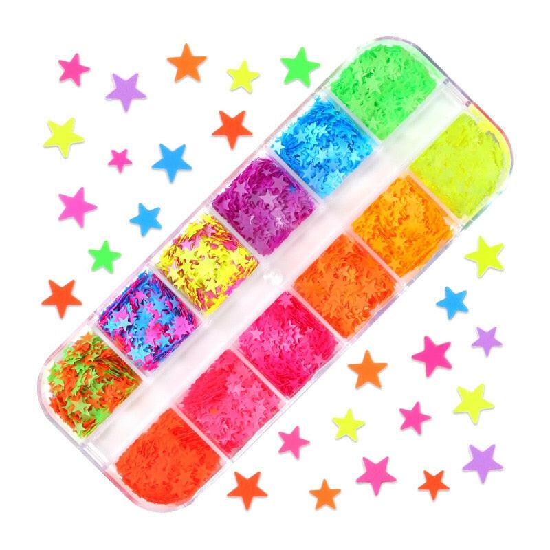 3333b 12 Grids Starry Manicure Design Decoration Holographic Star Nail Art Glitter Sequins for UV Gel Polish Nail Supplies Accessories.