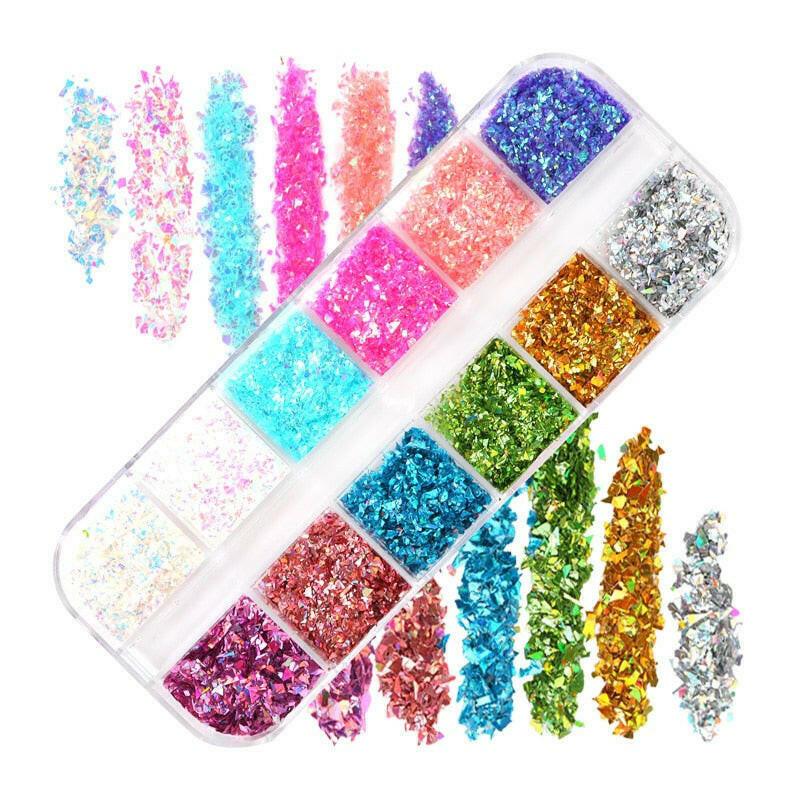 3333b 12 Grids Starry Manicure Design Decoration Holographic Star Nail Art Glitter Sequins for UV Gel Polish Nail Supplies Accessories.