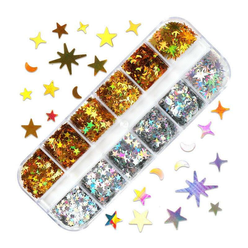 3333b 12 Grids Starry Manicure Design Decoration Holographic Star Nail Art Glitter Sequins for UV Gel Polish Nail Supplies Accessories.