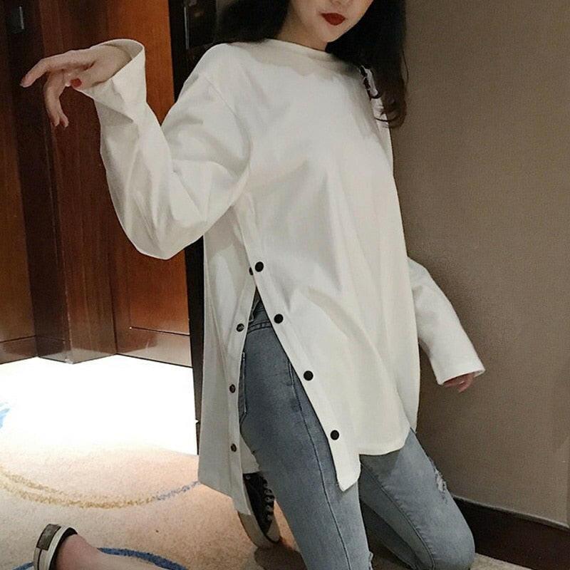 wtf 2022 spring Split Side Button White black Long Tshirt O-Neck Women shirts autumn Arrival Harajuku solid oversized T shirt tops.